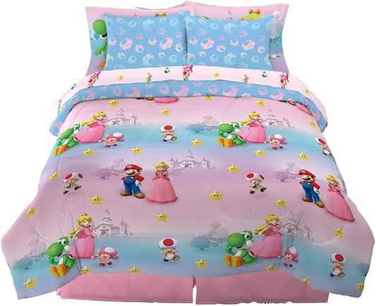 Super Mario Girl Princess Peach Girl Gamer Kids Bedding Super Soft & Cozy Reversible Microfiber Comforter and Sheet Set with Sham, 7 Piece Full Size, (Officially Licensed Product) By Franco