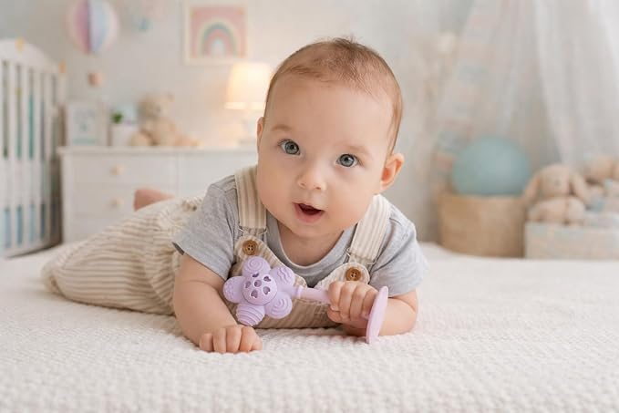 Merry Flower Silicone Baby Rattle Teether – 5 Textured Petals for Sore Gum Relief | Easy-Grip Handle for Little Hands | 100% Food Grade | BPA & Phthalate-Free | Sensory Toy 3-36 Months