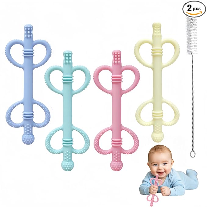 4 Pack Baby Teething Toys, Heart-Shaped Easy-Grip Silicone Teething Sticks, BPA-Free Multi-Texture Teething Tubes, Sensory Chew Toys to Soothe Gums 3-36 Months with Cleaning Brush