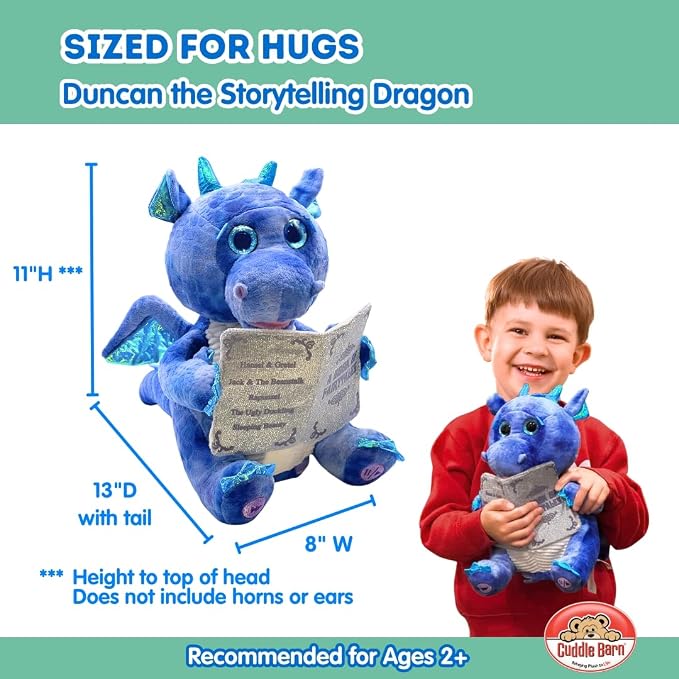 Cuddle Barn | Duncan The Storytelling Dragon with Light Up Eyes |Animated Stuffed Animal Plush Toy | Mouth Moves, Head Sways and Eyes Light Up | Recites 5 Fairy-Tales - 11"