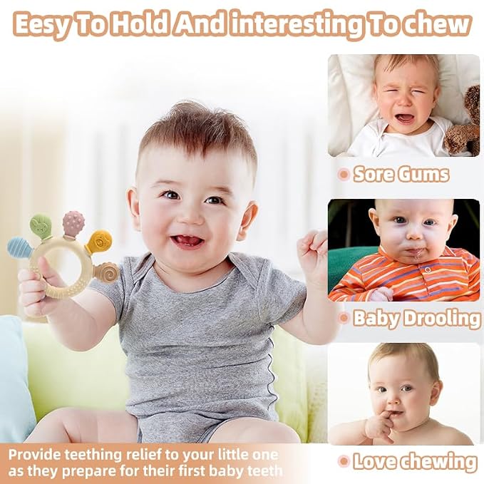 HippoBaby Silicone Teether for Babies 2-Pack – Soft & Easy Grip Teething Toys for Infants & Toddlers – 100% Food Grade Silicone, CPC Certified, BPA-Free Gum Soothers (Palm Teether/Colorful & Blue)