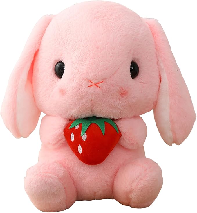 HOUPU Soft Toy - Sitting Lop Eared Rabbit, Easter White Rabbit Stuffed Bunny Animal with Carrot Soft Lovely Realistic Long-Eared Standing Pink Plush Toys (Pink-Strawberry,8.6in/22cm)