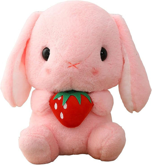 HOUPU Soft Toy - Sitting Lop Eared Rabbit, Easter White Rabbit Stuffed Bunny Animal with Carrot Soft Lovely Realistic Long-Eared Standing Pink Plush Toys (Pink-Strawberry,8.6in/22cm)