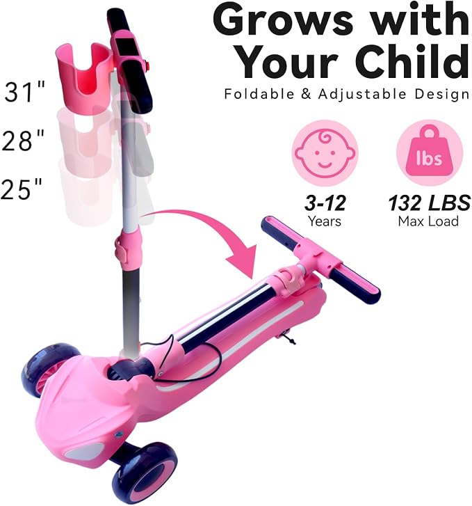 3 Wheel Electric Scooter for Kids Ages 3-10, w/Storage Basket, LCD Screen, Full Body Lights Up, Wide Deck, 5Mph Safe Speed, 90min Riding, Balance Foldable Kick Scooter for Boys & Girls