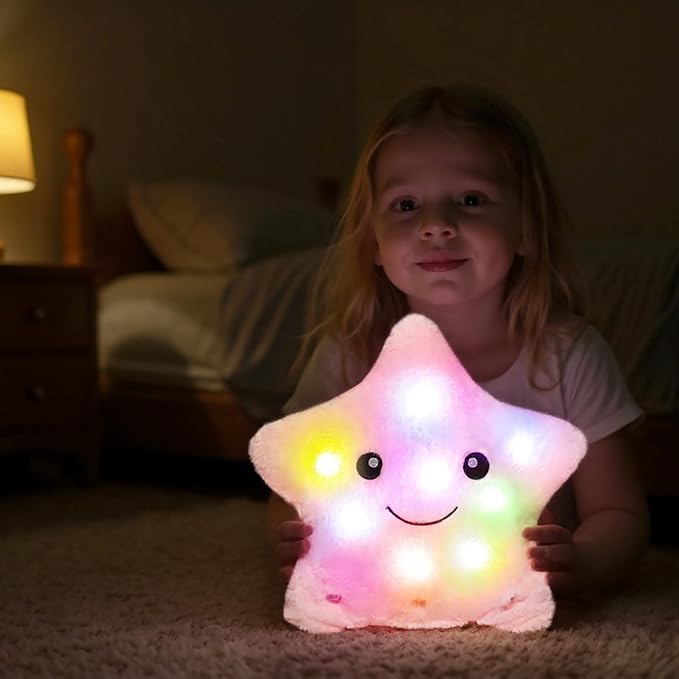 13" Musical Pink Star Plush Pillow Glowing Twinkle Night Light Stuffed Animal LED Toys Adjustable Volume Birthday for Girls Boys