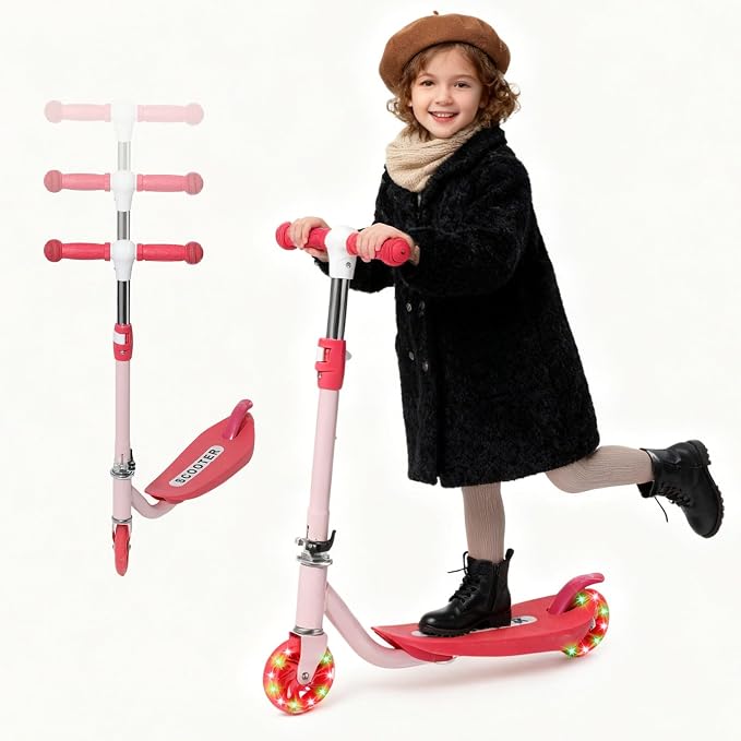 Kick Scooter for Kids 4-8, 2 Light Up Wheels, Heavy Duty Scooter with 3 Height Adjustable Handlebars, Rear Break, Widen Anti-Slip Deck, Max Load 110 Lbs for Boys Girls Ages 3+, 4.7Lbs