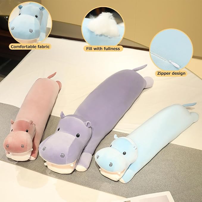 Long Hippo Stuffed Animal Body Pillow Hippo Plush Throw Pillow Toy Soft Weighted Hippos Plush Stuffed Gift for Kids Grilfriend