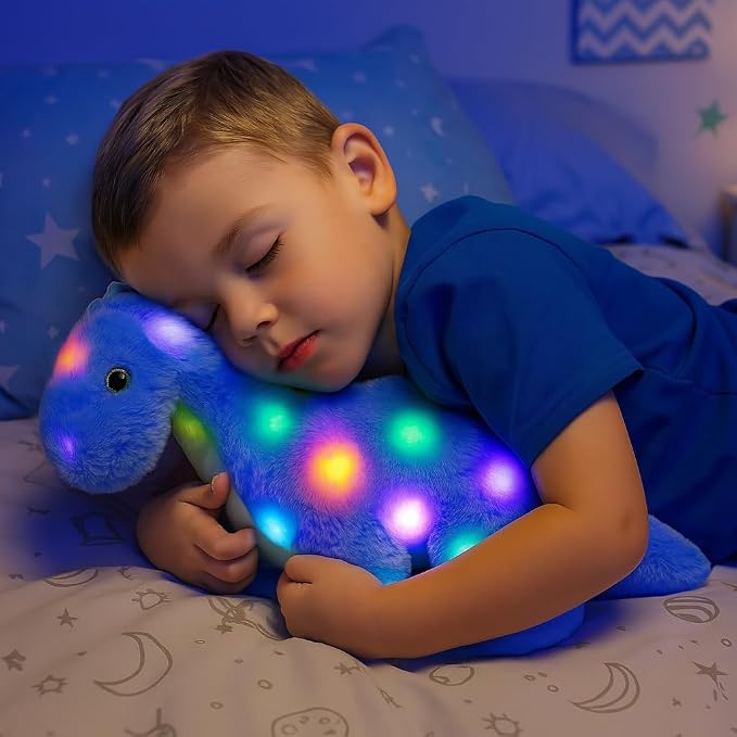 Hopearl LED Plush Dinosaur Light up Stuffed Diplodocus Animal with Long Neck Night Lights Glow in The Dark Birthday Gifts for Kids Toddler Girls, Blue, 16''