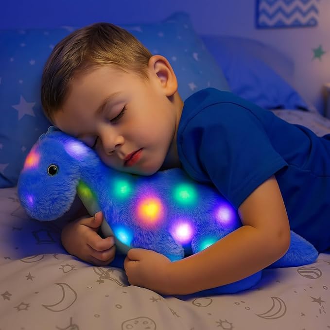 Hopearl LED Musical Stuffed Dinosaur Lighting Up Singing Diplodocus Soft Plush Toy with Long Neck Adjustable Volume Lullaby Animated Soothe Gifts for Kids Toddlers, Blue, 16''