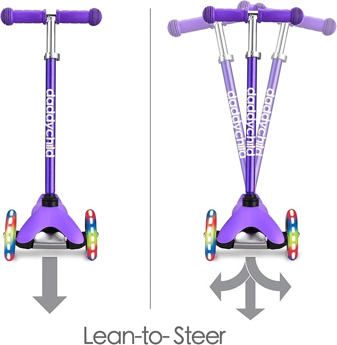 3-Wheel Kick Scooter for Kids Ages 3-8 Lean-to-Steer Toddler Scooter with Extra Wide Light Up Wheels, 4 Adjustable Heights, Foldable Scooters for Boys & Girls, Max Weight 110lbs