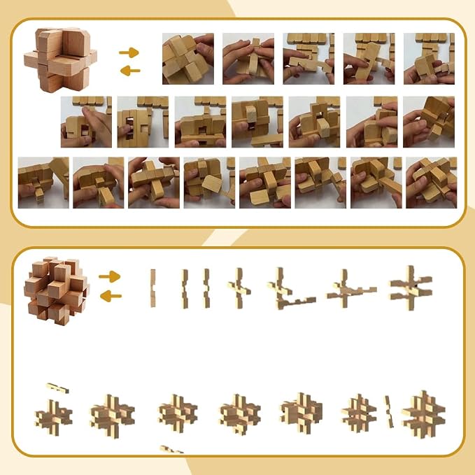 9PCS Brain Teaser Puzzles for Adults, Mind Puzzle Ancient Wooden and Metal Puzzles 3D Unlock Interlock IQ Puzzle Box Game for Adults