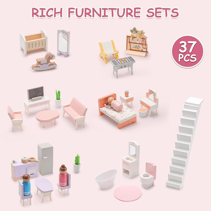 SainSmart Jr. Wooden Dollhouse for Girls, Modern Family Doll House with 37Pcs Furniture & Accessories, 3-Story Pretend Playhouse Toy Gift for Kids Ages 3+