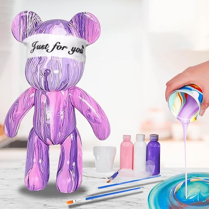 HANDA DIY Painting Kit - Teddy Bear & Gloomy Bear Figures, Creative Home Decorations, Handmade Dolls, Gift for Birthday & Valentines (9.05 inch, Purple+White+Pink)