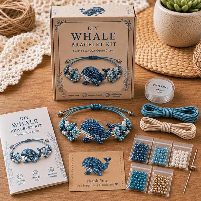 DIY Beaded Bracelet Making Kit, Beginner-Friendly Beaded Bracelet Animal Making Kit, Three-Dimensional Beadwork Jewelry Craft Kit with Full-Color Instruction Sheet, for Craft Lover (Whale)