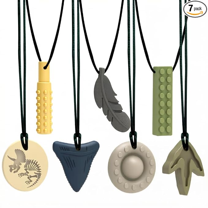 Chew Necklaces for Sensory Kids 7 Packs Children Adults Autism ADHD Chewy Necklace Sensory Teether Silicone Teething Boys and Girls Anxiety Relief to Reduce Fidgeting Stress Oral Fixation