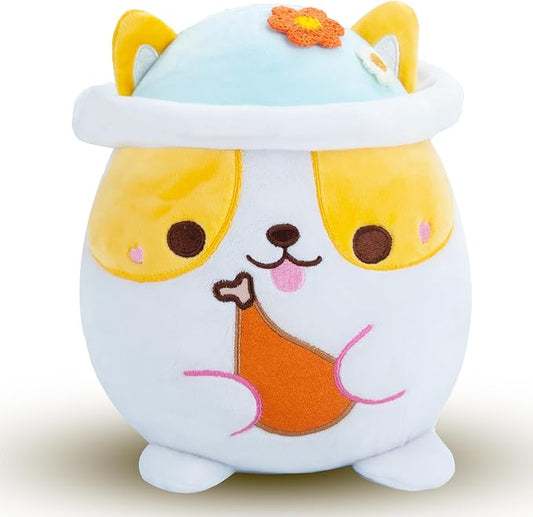 AIXINI Animal Plush Toys Set - Panda, Brown Bear, Bunny, Corgi, Pink Cat with Cute Hats, Soft Stuffed Animals for Kids, Christmas Birthday Gifts (Corgi, Medium Size)