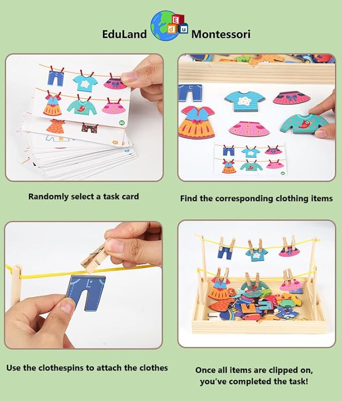 Montessori Practical Life Clothes Hanging Job, Laundry Activity Set with Rope Strings, Clothespins & Dress-Up Air Drying Game Airing Clothes for Toddlers Kids Ages 2-6, Classroom Educational Toy Gift