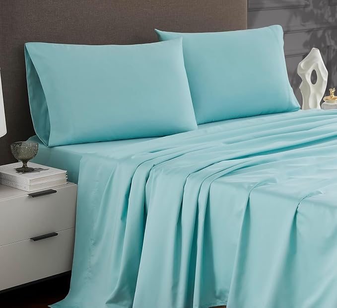 Linen Closet Luxury 1200 Thread Count King Size Sheets Set, 4 Pieces, Cotton Rich, Aqua, Soft, Durable & Wrinkle Resistant Sateen Sheets, 16" Deep Pocket Fitted Sheet, Home & Hotel Essentials
