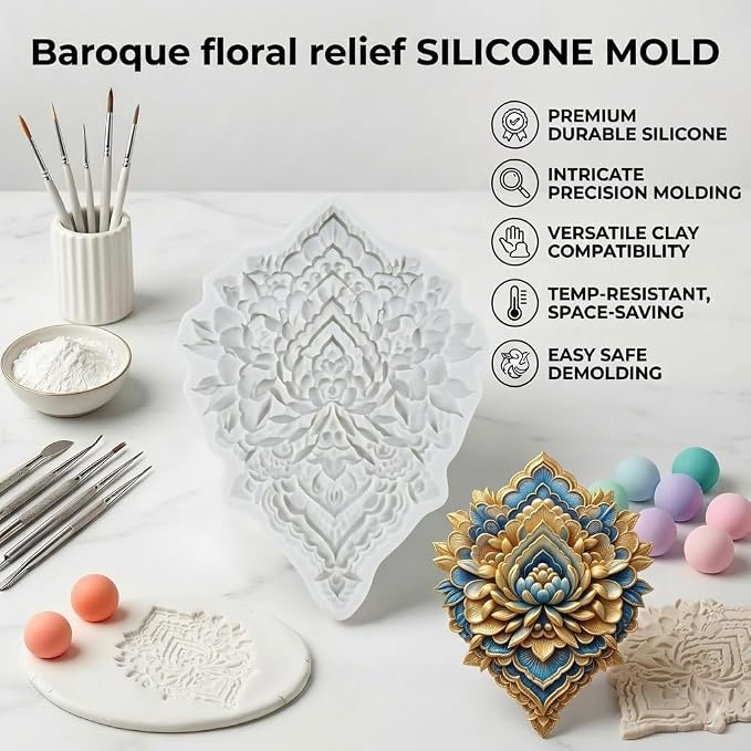 Baroque Relief Flower Polymer Clay Molds Baroque Relief Filigree Lace Silicone Mold for Epoxy Resin Casting DIY Crafts Air Dry Polymer Crafts Supplies Clay Tools