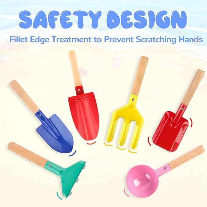 8'' Kids Gardening Set, 6 Pcs Beach Toys, Kids Metal Sand Toys Sandbox Toys, Children Sand Toys Gardening Set with Sturdy Wooden Handle, Beach Shovels for Kid Ages 3-8