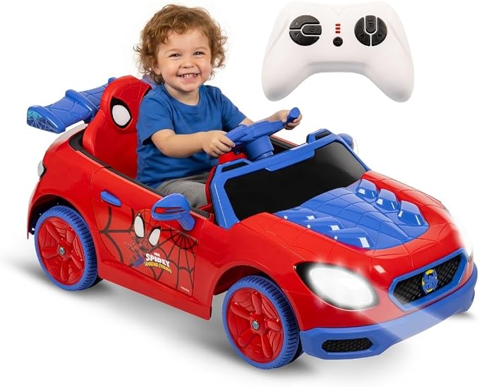 Huffy Marvel Spiderman 12V Ride-On Car, Ages 3–5, Parent Remote Control, Forward & Reverse, Realistic Sounds, Spidey and His Amazing Friends, Max 2.8 MPH