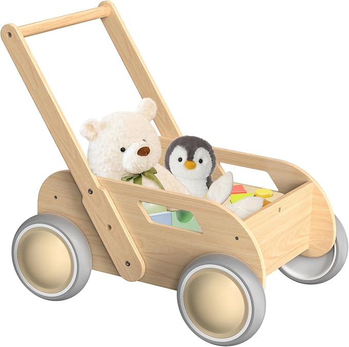 Wooden Baby Walker, Push and Pull Learning Walking Toys for Babies Infants to Toddler, Walker with Wheels for Boys Girls, Gift for Birthday Christmas, Natural
