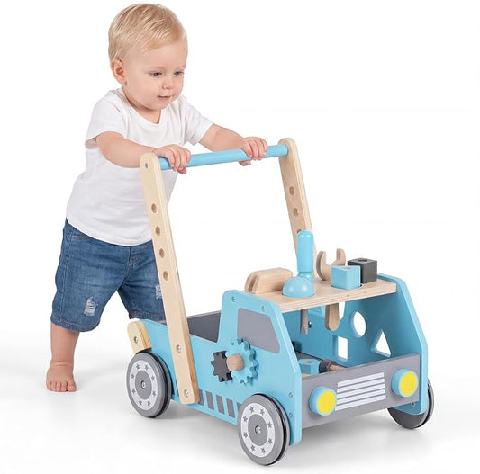 HONEY JOY Baby Push Walker, Adjustable Speed Baby Walker, Wooden Toy Tool Bench & Car Walker w/Shape Sorter, Develop Motor Skills & Creativity, Push Toys for Babies Learning to Walk, Gift (Blue)