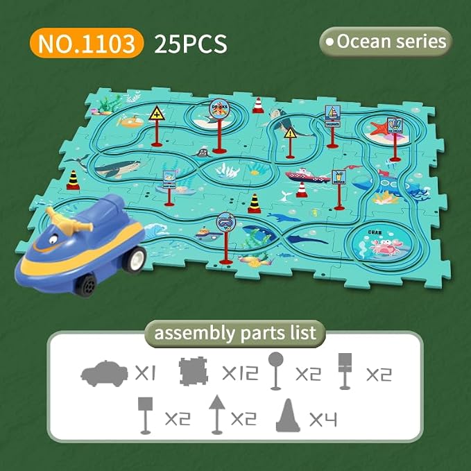 Christmas Stocking Stuffer 25PCS Puzzle Racer Kids Car Track Set, Ocean Series Puzzle Racer Car Track Set Puzzle Track Car Play Set Preschool Gifts for Kids Birthday Gift for Boys Girls