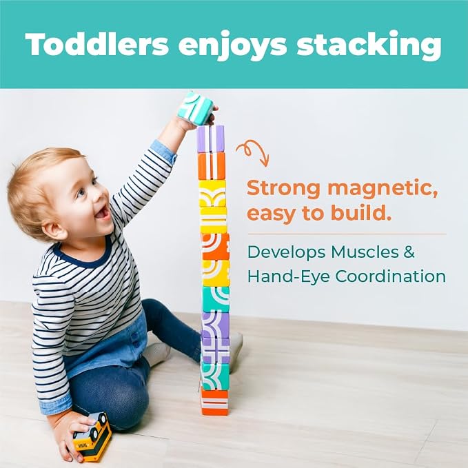 QBI Magnetic Blocks for Toddlers 1-3｜School Bus Toy Set with 12 Pastel Track Cubes｜STEM Montessori Educational Toys for 1 Year Old Boys & Girls｜Safe Large Building Bricks (13 Pieces Starter Pack)
