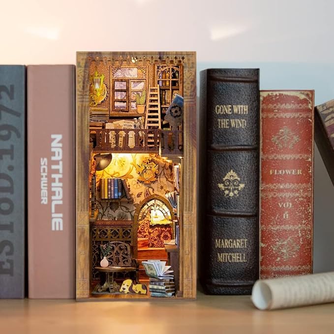 Fsolis Book Nook Kit, 3D Wooden Puzzles for Adults (Eternal Bookstore) | DIY Miniature House Kit, 172 Wood Pieces, Booknook Bookshop Bookshelf Insert and Bookends, Gifts for Women Book Lovers