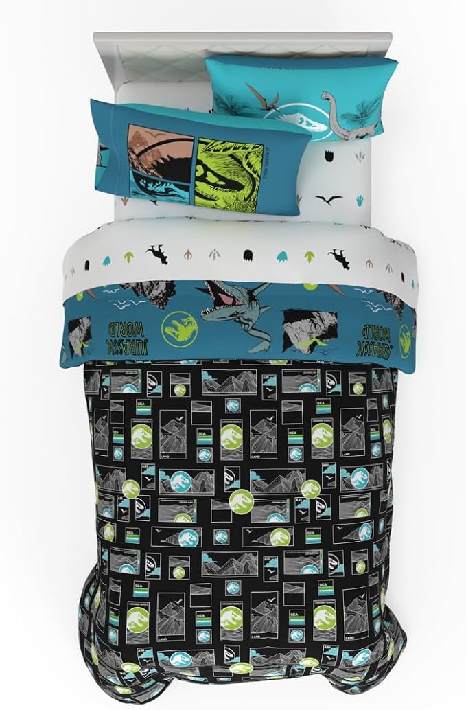 Jurassic World Kids Bedding Super Soft Cozy Reversible Microfiber Comforter and Sheet Set with Sham, 5 Piece Twin Size, (Officially Licensed Product) By Franco