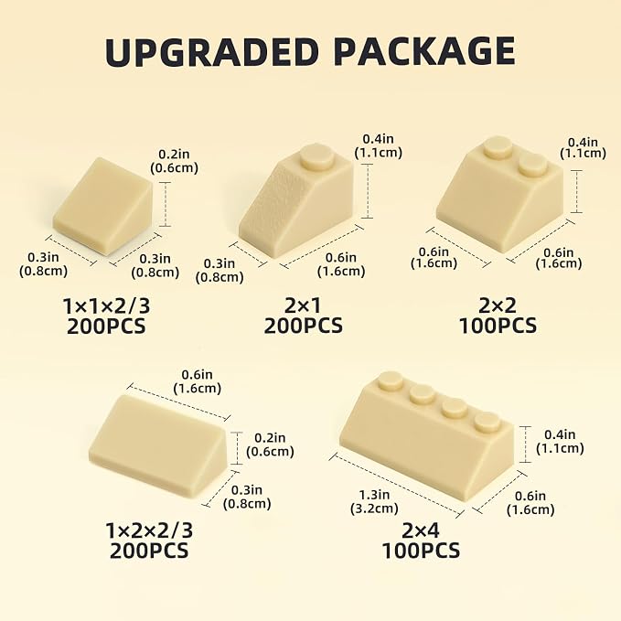 800 Pieces Building Bricks, 5 Sizes Building Pieces, Classic Slope Block Bulks - Compatible with All Major Brands, Tan