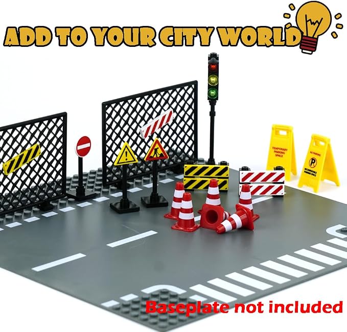 City Road Signs Bricks Accessories, Construction Site Street Signs, Mini Traffic Cones & Crosswalk Signal Toys for Kids Building Blocks Toys for Boys Girls