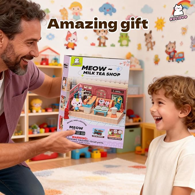 Koko's Cat Town DIY Miniature House Kit,Tiny Pink House Series–Cafes Building Kit,Dollhouse for 3 and up, Dollhouse Building Kit with Cats,Cat Toys Gift for Teens Kids Ages 3+