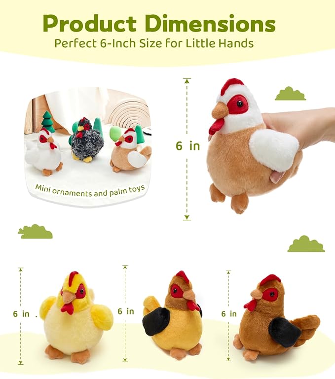 Tezituor Set of 6 Chicken Plush Toys, 6 inch Soft Stuffed Chickens Bulk in Assorted Colors, Cute Farm Animal Plush Set, Ideal for Kids, Gifts & Nursery Decor