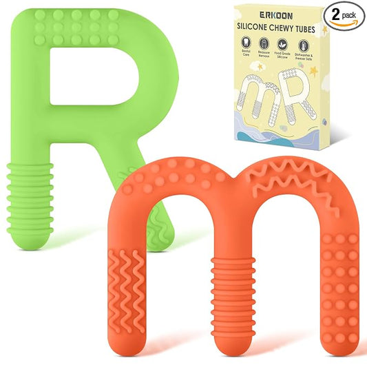 ERKOON Sensory Chew Toys for Autistic Children, 2 Pack Silicone Chewy Tube Oral Motor Tools for Sensory Kids with Autism, Biting, ADHD, SPD, Chewies with Special Needs, Teething Sticks Toys