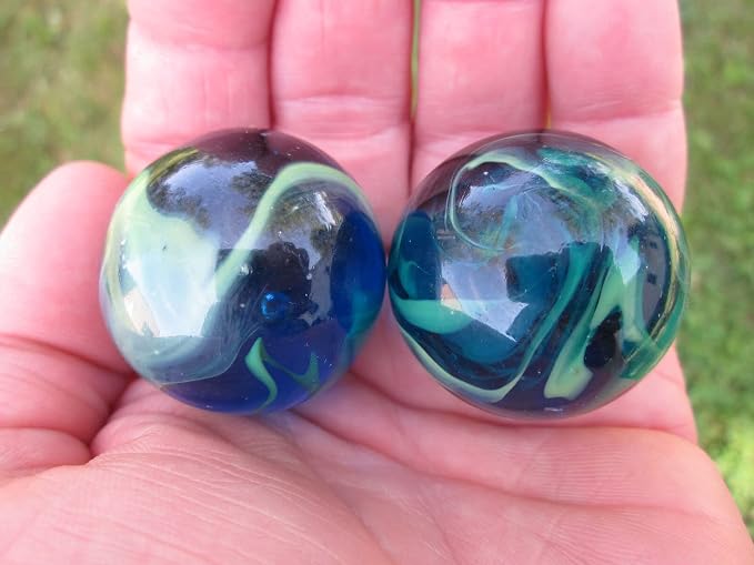 Set of 2 SEA Turtle 35mm Boulder Translucent Blue/Green Swirl Large Shooter Solid Glass Marbles Aquarium Decor Glass Filler