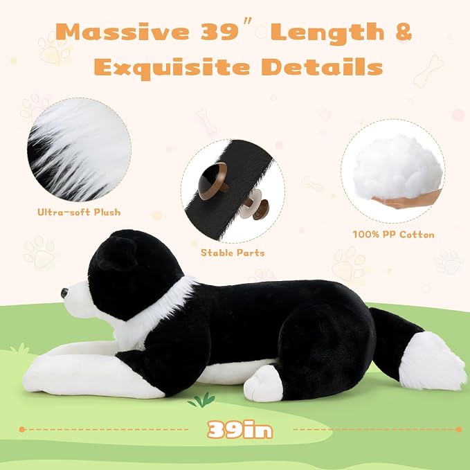 MaoGoLan Giant Border Collie Dog Stuffed Animal Plush, Realistic Cute 39" Large Stuffed Dog Plush Pillow Toys, Gift for Kids Boys Girls Adults