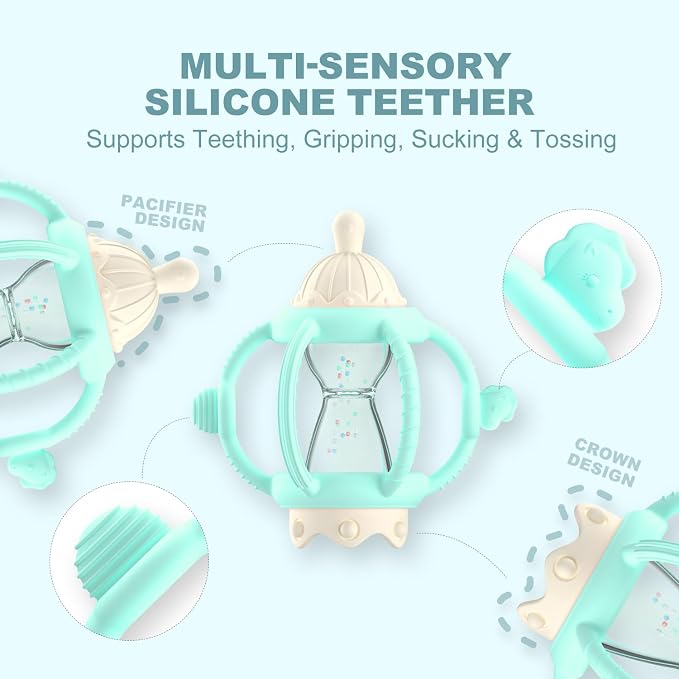Silicone Teether Rattle Toy for Babies 0-12 Months Teething Relief | Montessori Sensory Teething Toy with Pacifier, Easy Grasp Handle for Infant Boys & Girls, Baby Must Haves