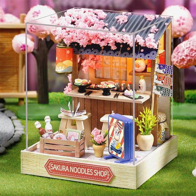 DIY Miniature Dollhouse Kits - Wooden Mini Model House with LED Lights, Tiny Furniture & Accessories – Craft Building Kits for Teens & Adults (Noodles Shop) – Birthday Valentine's Gift