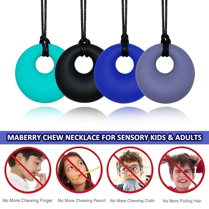 Chew Necklaces for Sensory Kids, Silicone Chewy Necklace Sensory 4 Pack for Boys Girls with Autism ADHD Anxiety Reduce Fidgeting, Oral Chew Toys for Kids and Adults Chewing, BPA Free