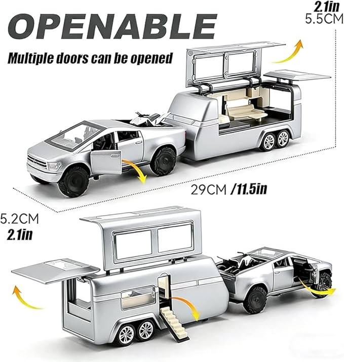 Toy Car Alloy Truck Set with Trailer and Motorcycle Cyberpickup Toy with Sound and Light Effect Pull Back Vehicle RV Toy EV Model Ideal Gift for Kids Boys Girls Adult Age for 3+