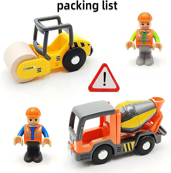 Wooden Train Cars Track Accessories Set Rescue Roller Truck and Mix Truck Toys Small Vehicles Magnetic Train Cars Fit for Wooden Train Track Railway for Boys and Girls (Engineering Set)