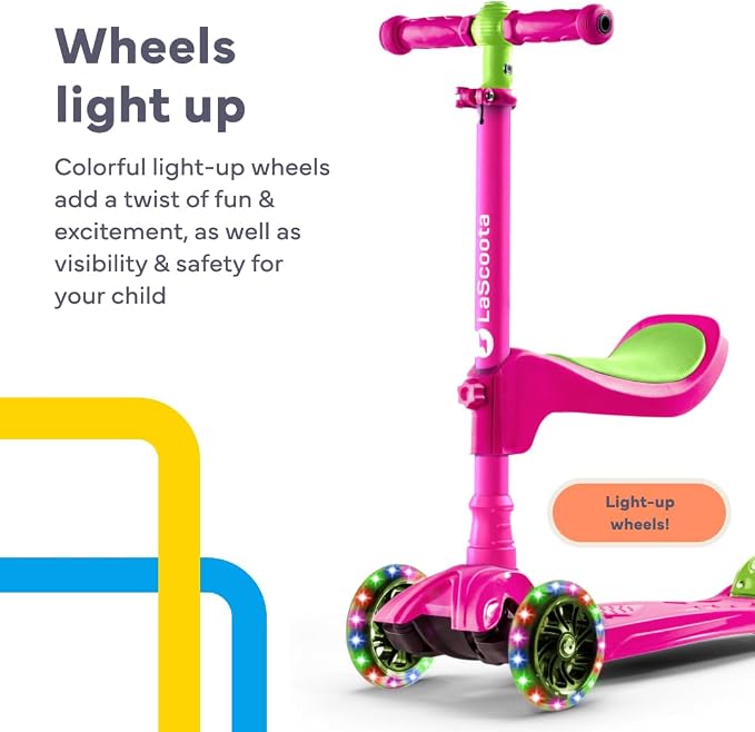 LaScoota 2-in-1 Kids Kick Scooter, Adjustable Height Handlebars and Removable Seat, 3 LED Lighted Wheels and Anti-Slip Deck, for Boys & Girls Aged 3-12 and up to 100 Lbs.