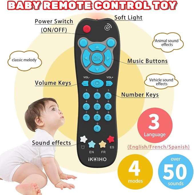 Toy Phone Baby Remote Control Toy Set, Play Phones TV Remote Control with Music Light for 6+ Months, Early Learning Baby Toys Gift for 1 Year Old Boys Girls Toddler Infant Kids, English/Spanish, Blue
