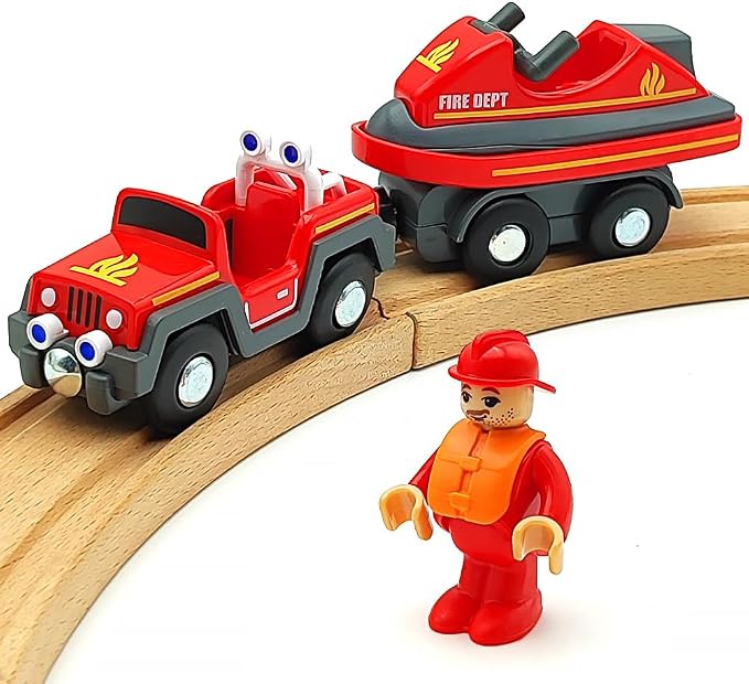 Wooden Train Cars Track Accessories Set Rescue Fire Truck with Light and Sound Small Vehicles Magnetic Train Cars Fit for Wooden Train Track Railway for Boys and Girls (Fireboat)