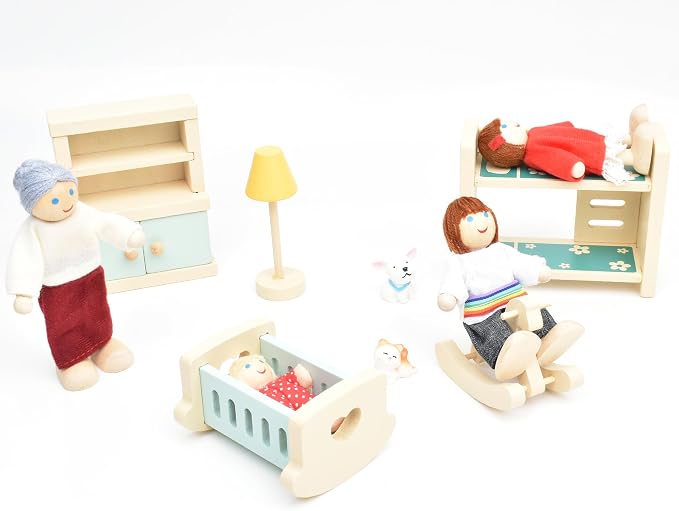 Jzszera Wooden Doll House People of 7 Miniature Figures and 2 Pets, Dollhouse Dolls Family Set Accessories for Girls Toddler Kids Pretend Play and Imaginative Fun