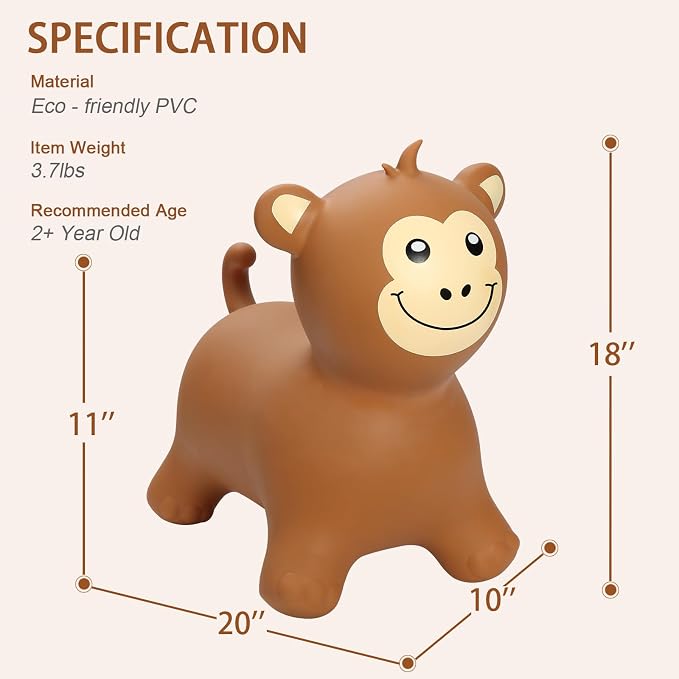 INPANY Bouncy Monkey Hopper Toys, Toddlers Inflatable Animal Hopping Horse, Bouncing Buddies, Ride on Rubber Bouncer, Outdoor Indoor Birthday Gifts Toy for 2 3 4 Yr Boy Girl, Brown
