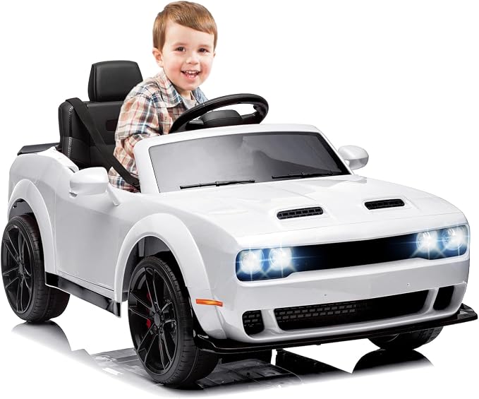 12V Kids Car, Licensed Dodge Challenger Electric Car for Kids, Battery-Powered Toy Car with Remote Control, LED Headlights, Music, Suspension, Double Doors, Safety Belt, Ride On Car for Boys & Girls