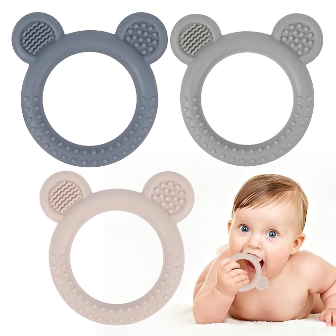 Eascrozn Baby Teething Toys Over 3 Months, 3 Pack Bear Silicone Teething Rings for Babies, Sensory Chew Toys for Teething Relief, BPA Free Infant Toys Boys Girls Gifts Baby Essentials